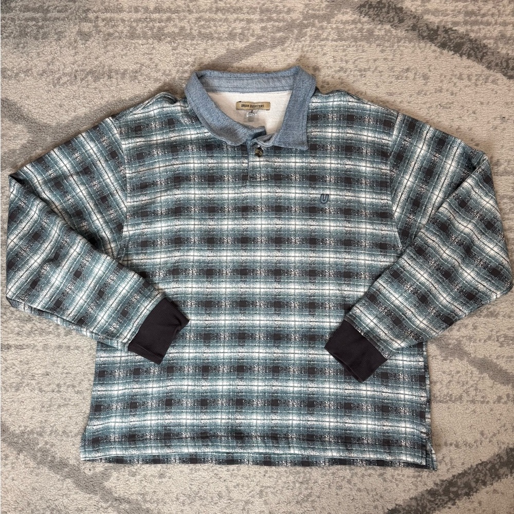 Urban outfitters green Plaid Long Sleeve Polo Shirt denim collar size medium